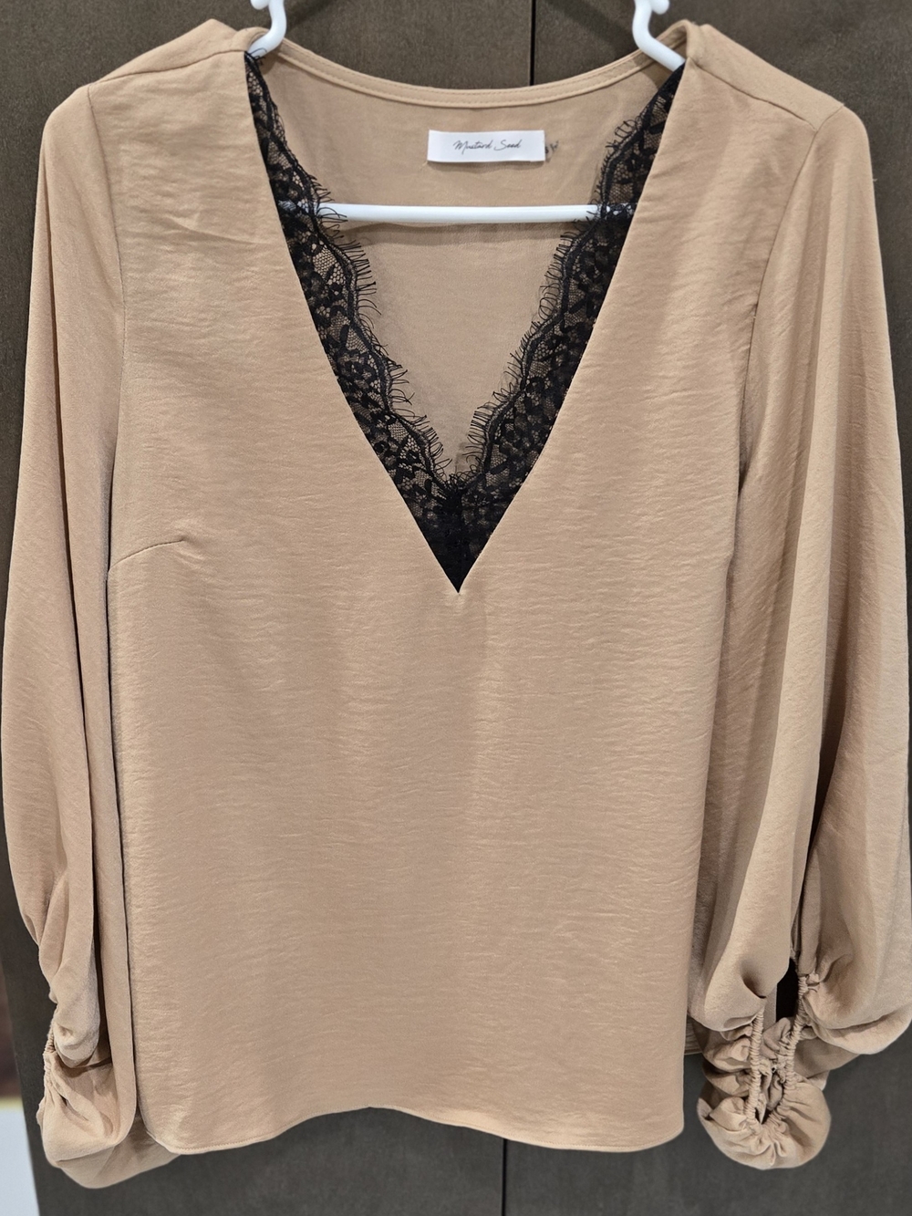 Mustard Seed Tan V-Neck Blouse with Black Lace Trim